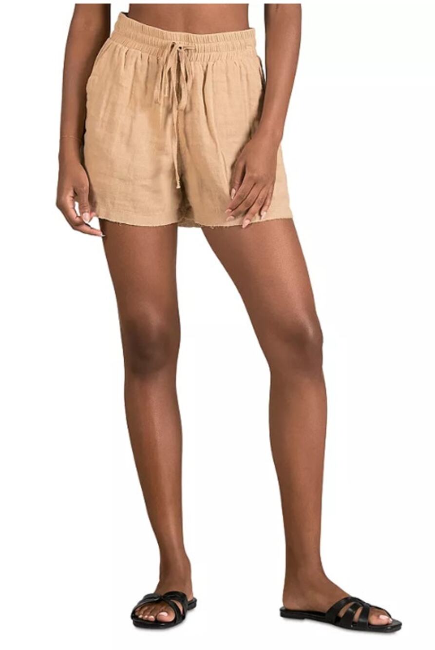 ELAN INTERNATIONAL WOMENS MEDIUM DRAWSTRING COTTON GAUZE RAW HEM SHORTS TAN NEW